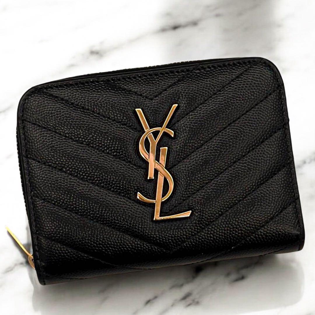 極美品 サンローラン 二つ折り財布 YSL 小銭入れ  カード キャビア