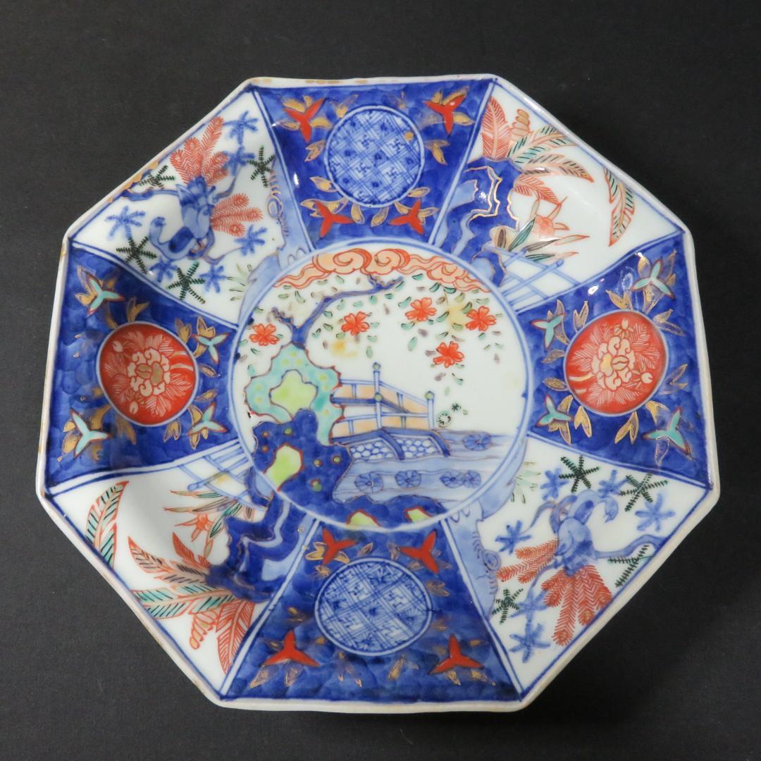 八角皿 色絵 古伊万里 染錦 富貴長春 木箱 江戸 庭景 中皿