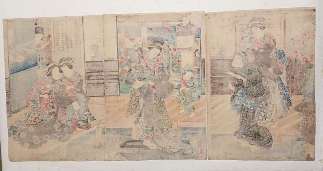 浮世絵版画、當世美人花之賑三枚綴り国輝舎国彦画（歌川国彦)安政2年出版