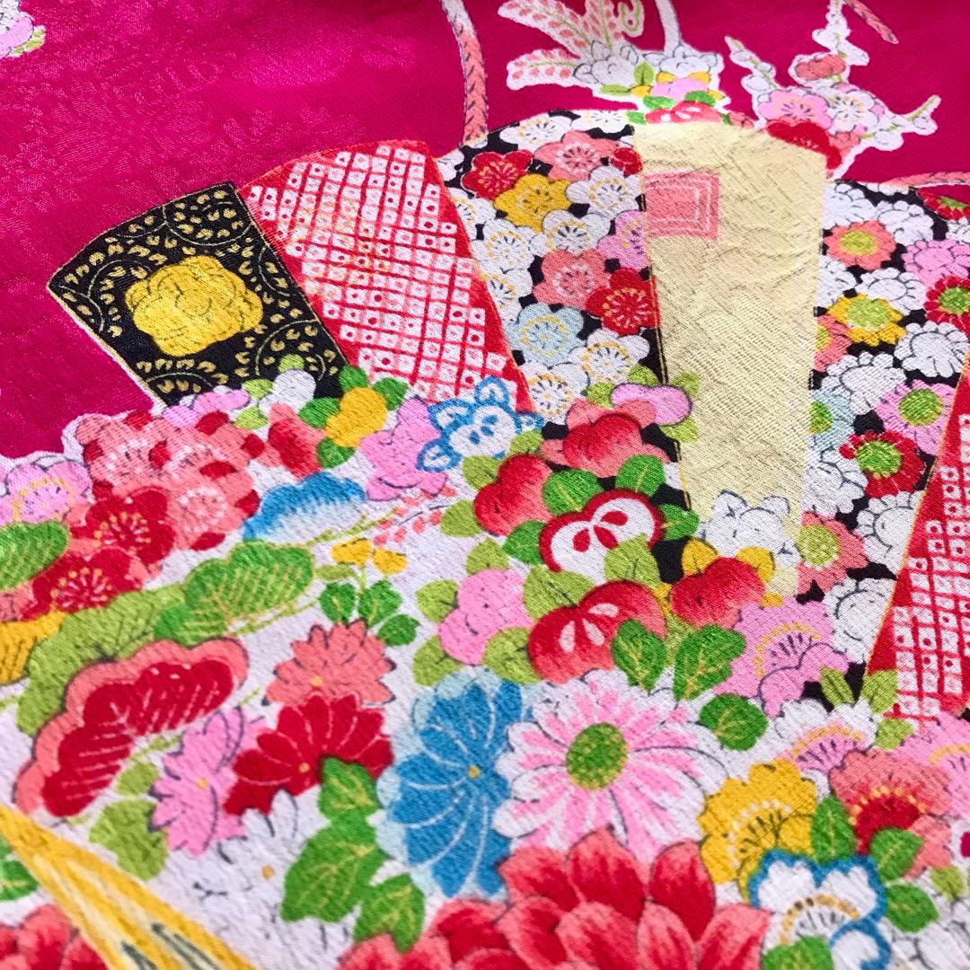 正絹 アンティーク着物 女の子 七五三 ◇檜扇 折鶴 まり 古典柄