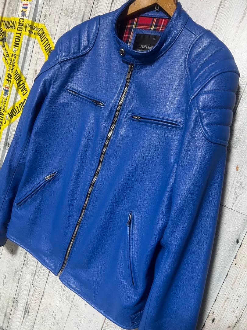 極限定 FORTIME ライダース レザージャケット シングル 青 2XLサイズ
