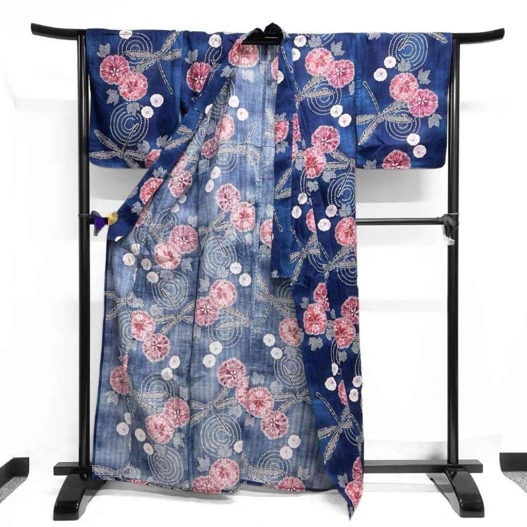 浴衣　綿絽　蜻蛉　朝顔　桜　鹿の子　水波紋　着物　074a d