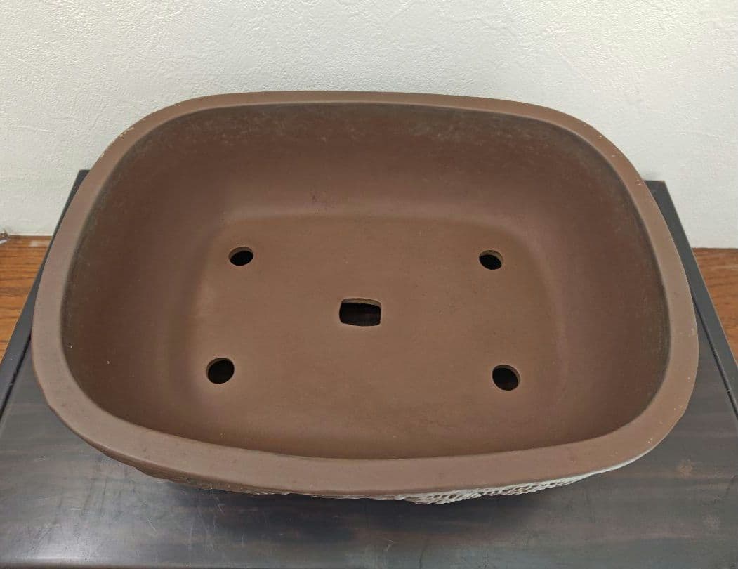 ドラゴン彫刻の陶器の盆栽鉢 約41cm×32cm×13cm　落款あり