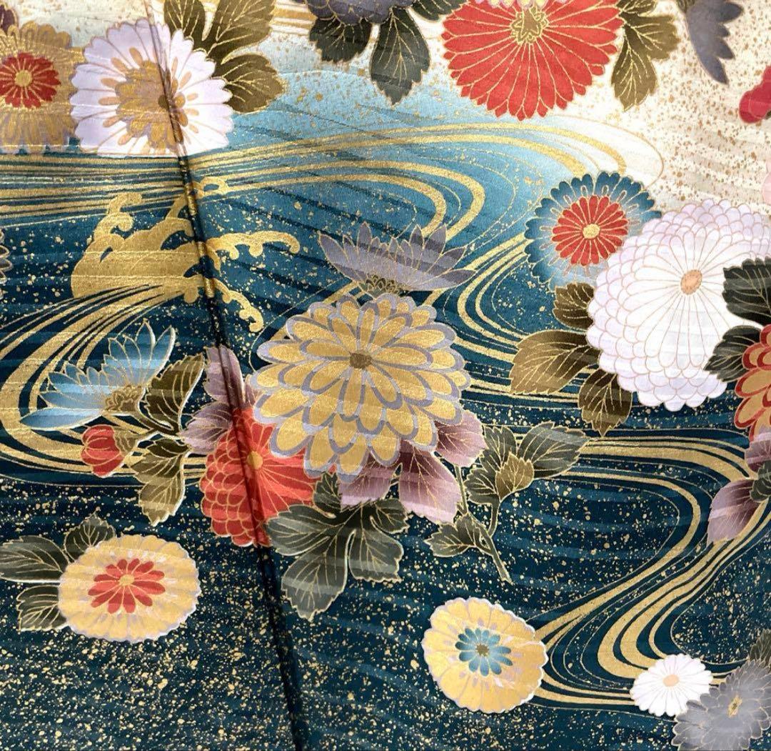 振袖　鳳凰梅　金駒刺繍　枝垂れ桜菊金彩　グリーン　正絹着物