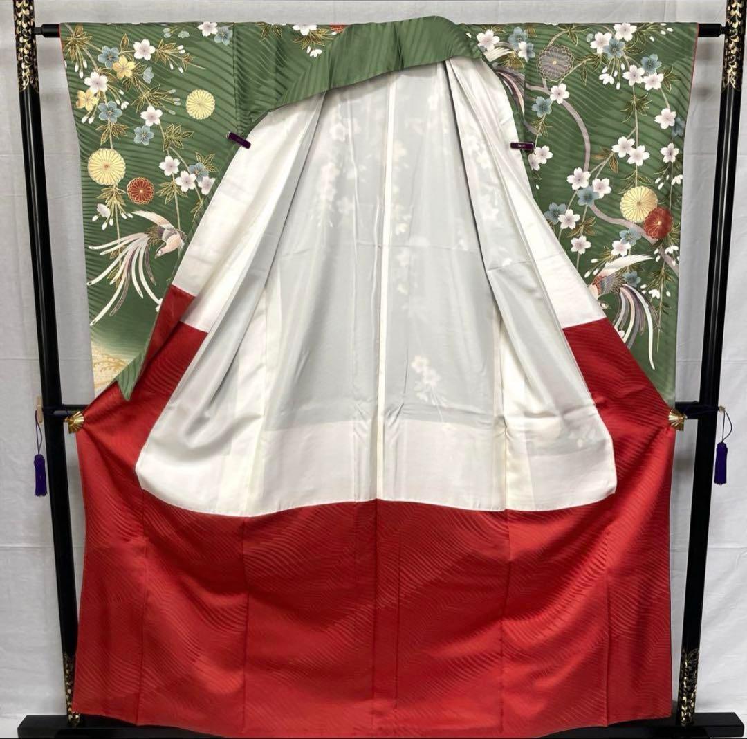 振袖　鳳凰梅　金駒刺繍　枝垂れ桜菊金彩　グリーン　正絹着物