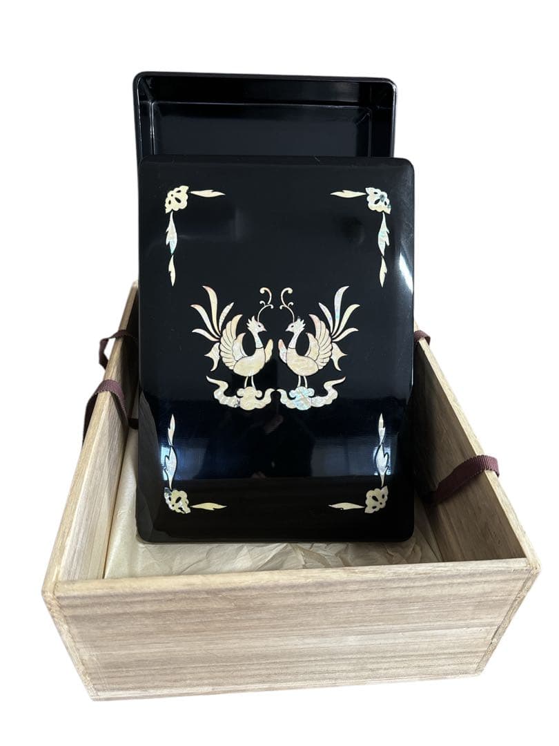 輪島塗　天平柄鳳凰図文様・螺鈿細工硯箱 共は箱