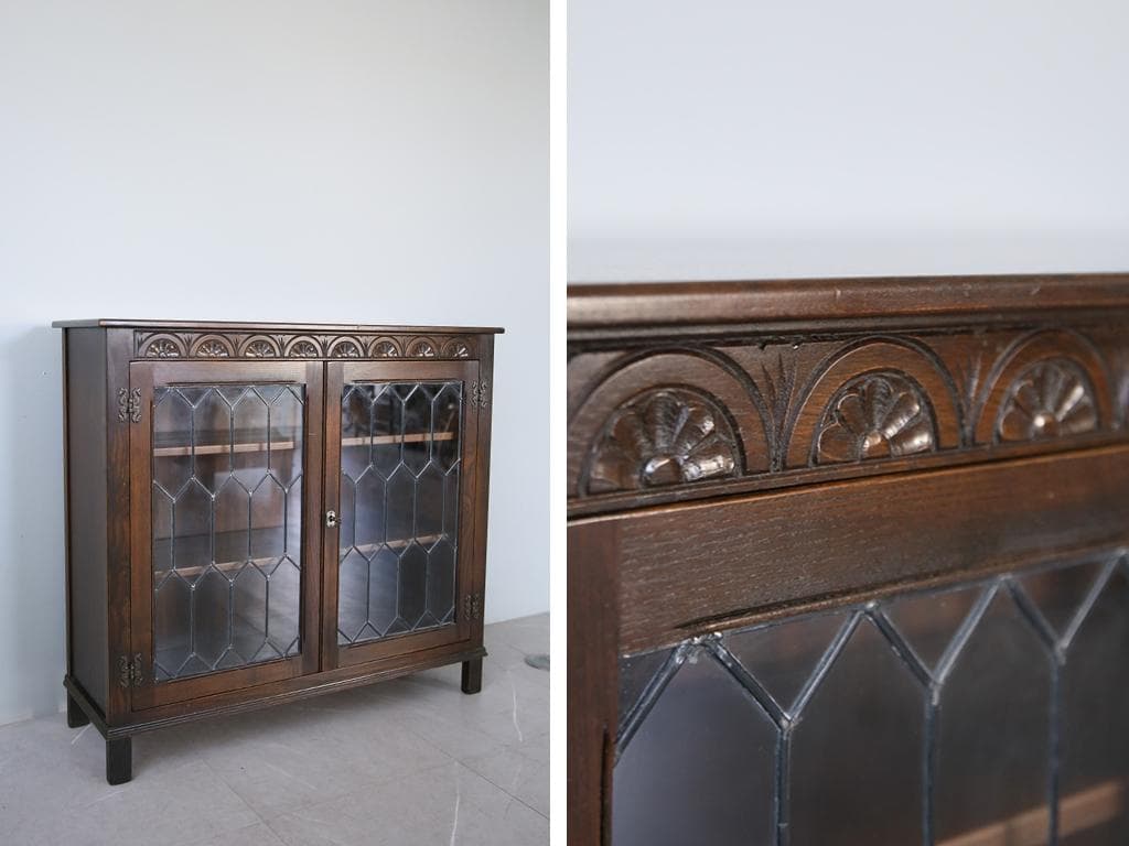 英国アンティーク木製ブックケースキャビネット/本棚/食器棚/飾り棚(91-28)