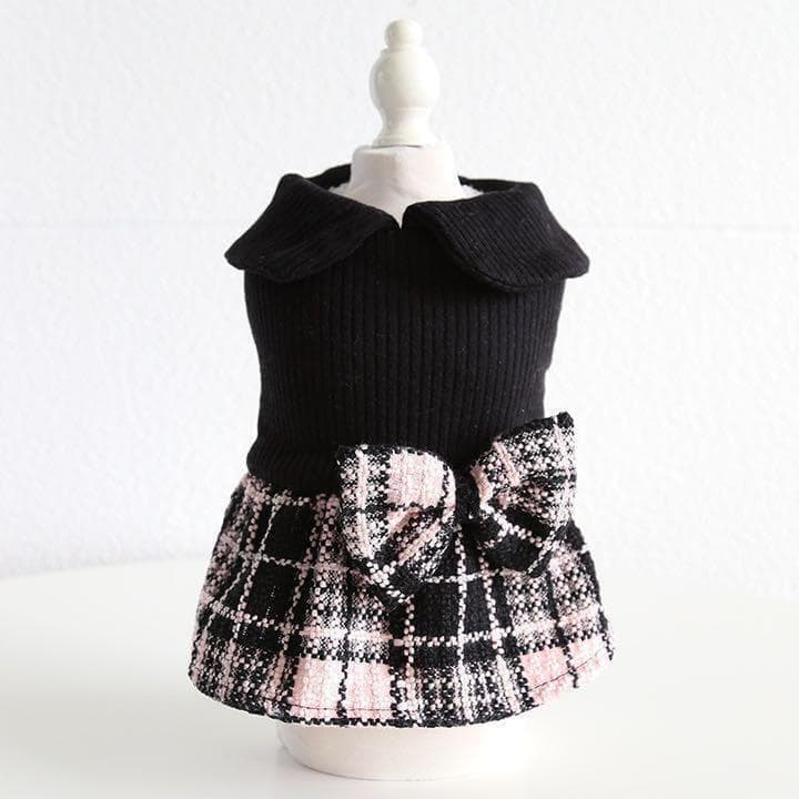 0271-1犬服ドッグウェアペット服温かいチェック柄ワンピースリボン