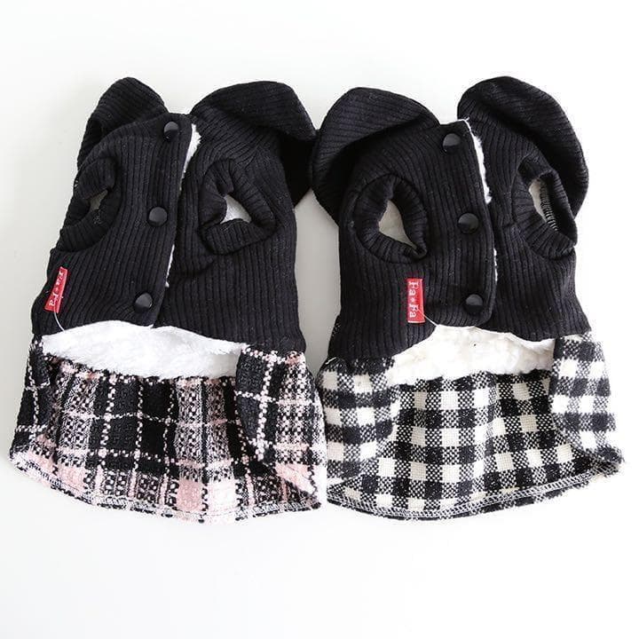 0271-1犬服ドッグウェアペット服温かいチェック柄ワンピースリボン
