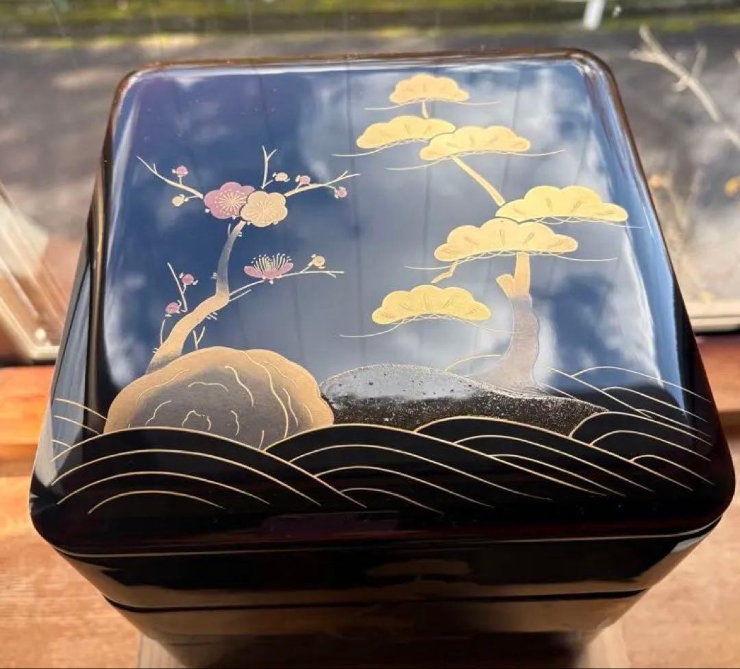 越前塗　重箱 初音　玉峰造　黒地3段　木箱入