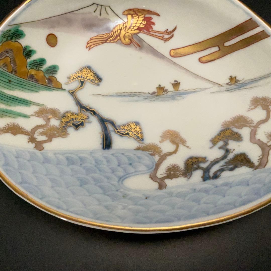 伊万里金襴手 富士と松鶴図貝形皿　古伊万里　骨董　R1285w1ダB