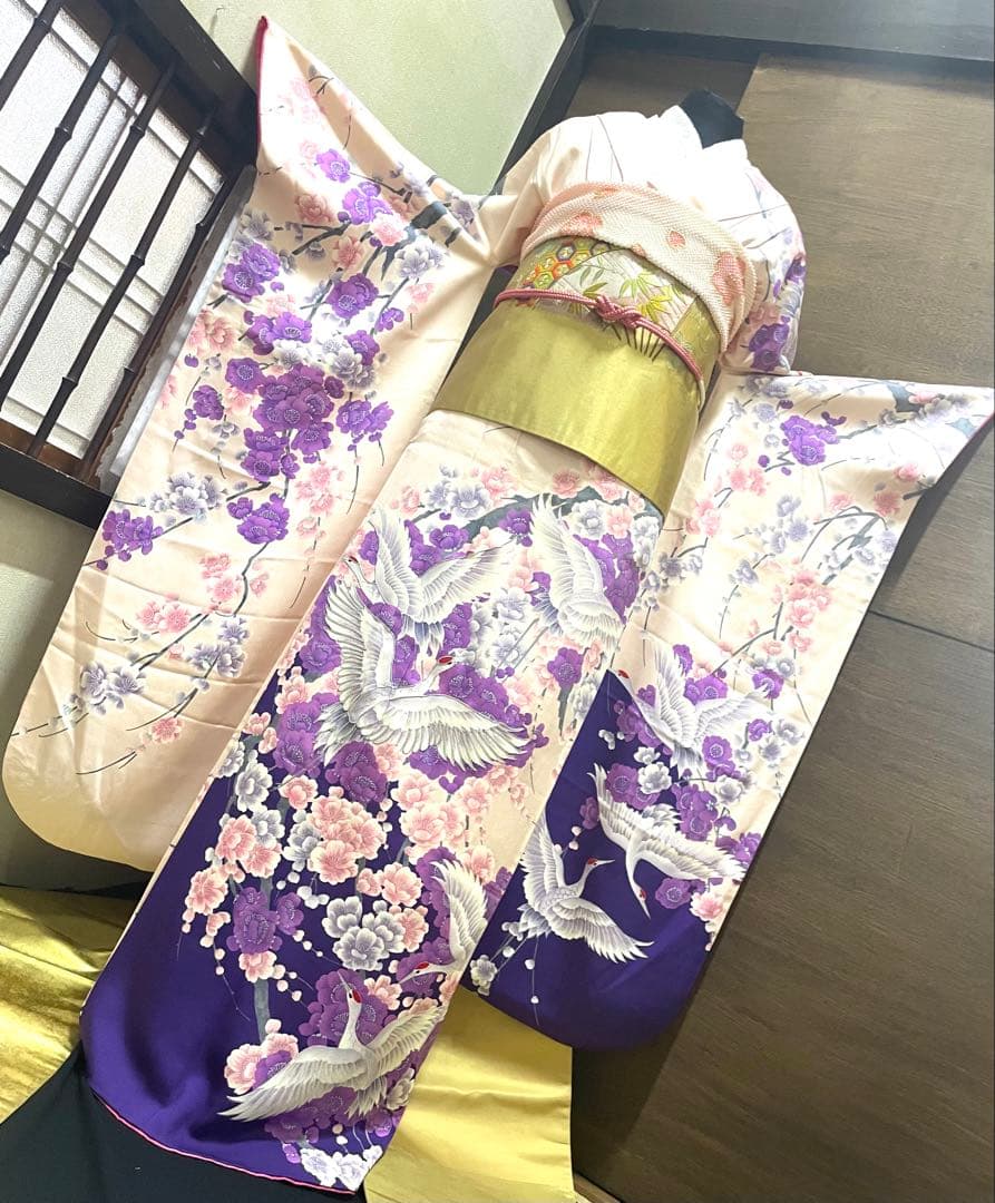 振袖 フルセット6点サイズM〜Ｌ　紫とピンクの花柄 鶴刺繍 正絹売り切り終了