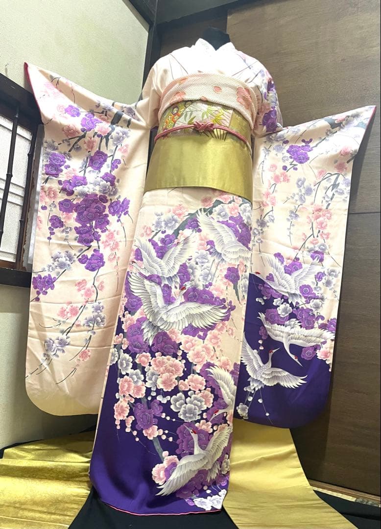 振袖 フルセット6点サイズM〜Ｌ　紫とピンクの花柄 鶴刺繍 正絹売り切り終了