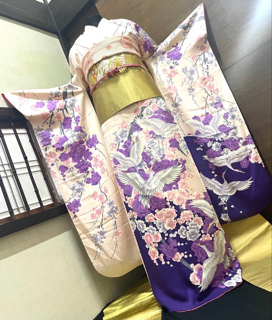 振袖 フルセット6点サイズM〜Ｌ　紫とピンクの花柄 鶴刺繍 正絹売り切り終了