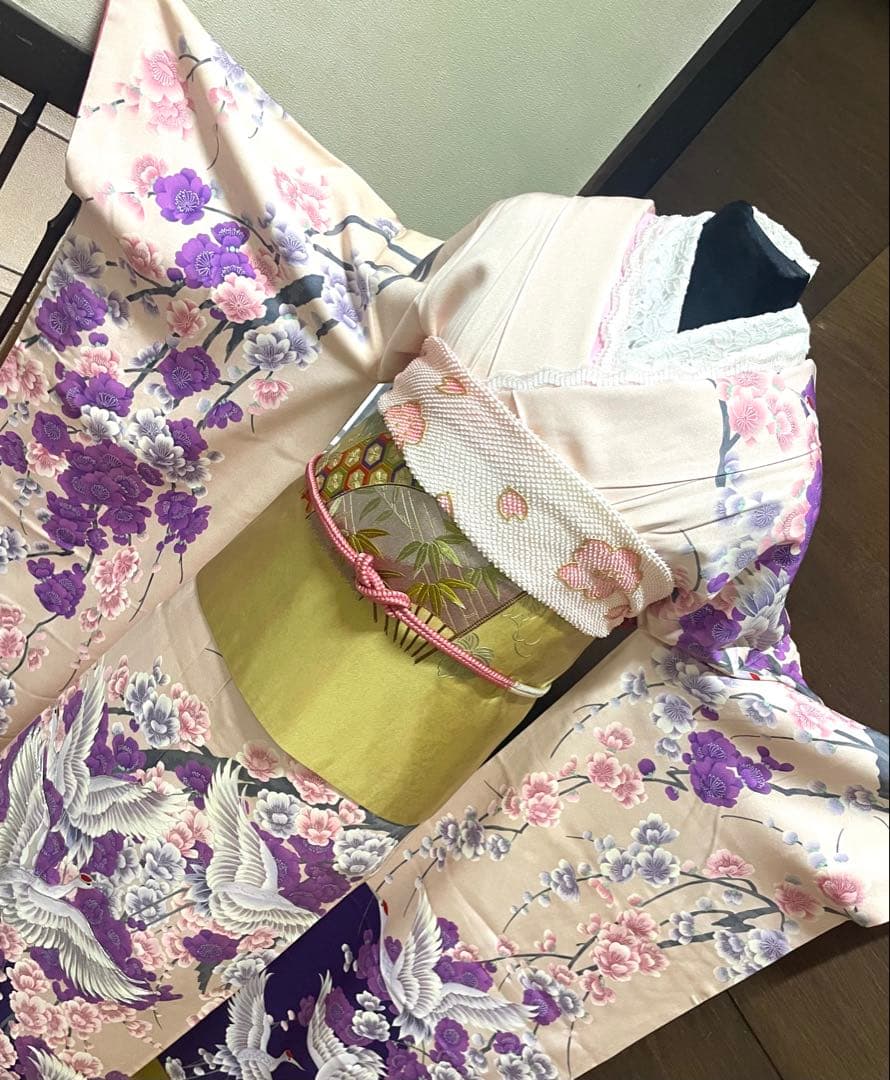 振袖 フルセット6点サイズM〜Ｌ　紫とピンクの花柄 鶴刺繍 正絹売り切り終了