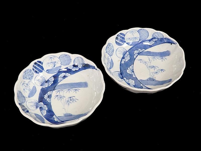古伊万里　染付　丸紋　月に笹の図　膾皿　2客　江戸期　D810AS-BLb