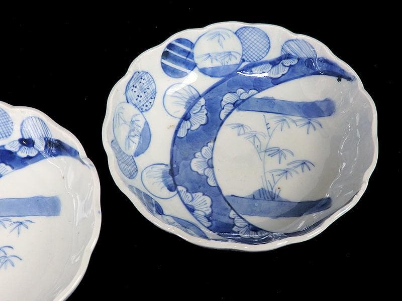 古伊万里　染付　丸紋　月に笹の図　膾皿　2客　江戸期　D810AS-BLb