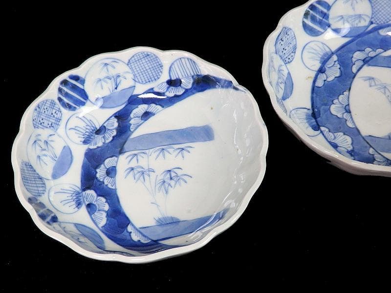 古伊万里　染付　丸紋　月に笹の図　膾皿　2客　江戸期　D810AS-BLb