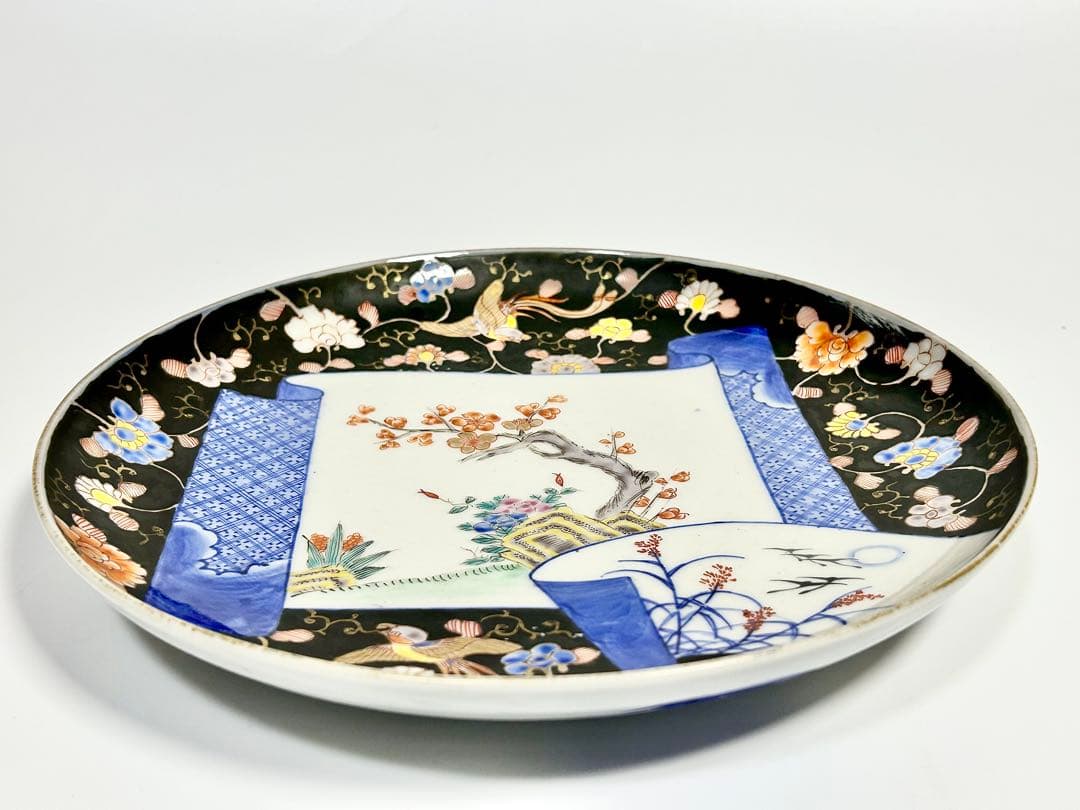 香蘭社 明治初期 染錦褐地花鳥文八寸皿 伊万里 有田