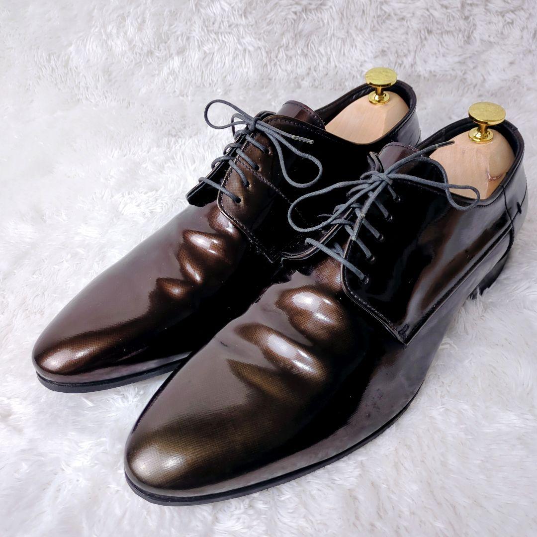 美品 ヒューゴボス ビジネスシューズ ドレスシューズ エナメル メンズ ブラウン