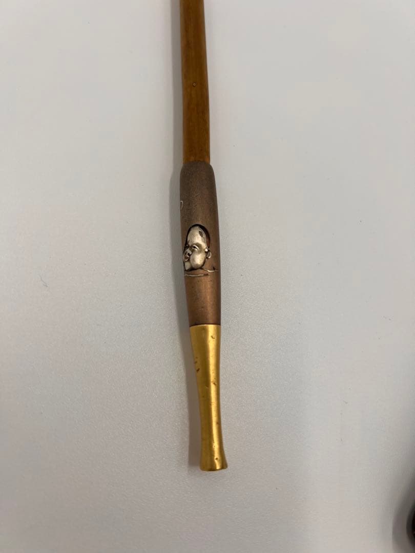 明治〜大正期 人物彫金刻印有 キセル一式 煙管 竹胴 皮袋・筒付
