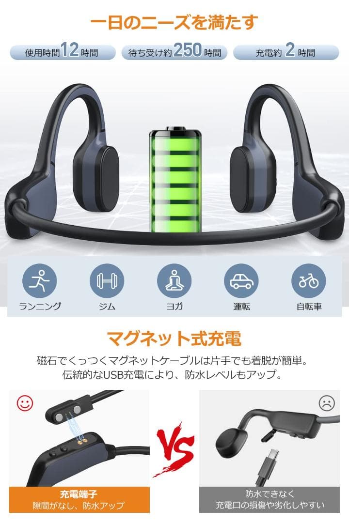 ☆骨伝導Bluetoothヘッドホン - 12時間超長再生、耳掛け式