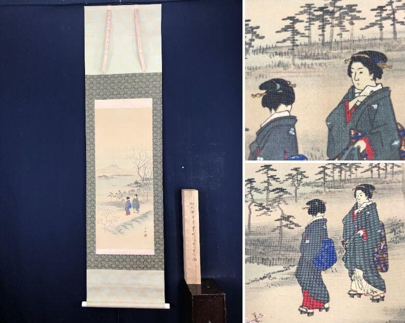 【複製】初代廣重/墨提花見二美人図/工芸品/掛軸☆宝船☆AB-589