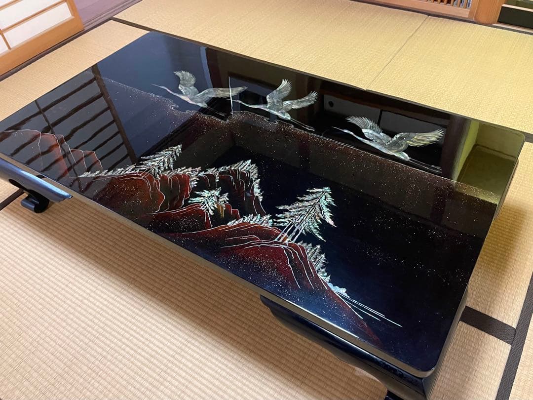 螺鈿細工 鶴 松 木製漆塗り 大型座卓 センターテーブル 貝殻細工 和風座卓