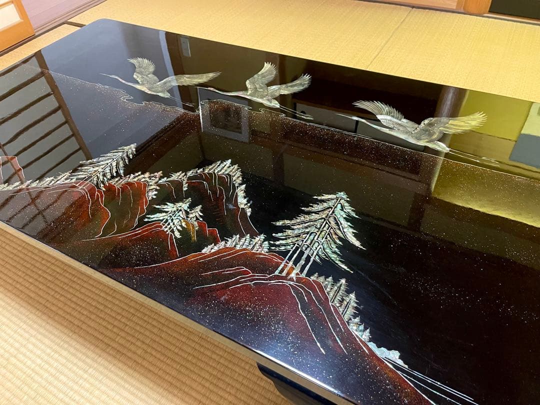 螺鈿細工 鶴 松 木製漆塗り 大型座卓 センターテーブル 貝殻細工 和風座卓