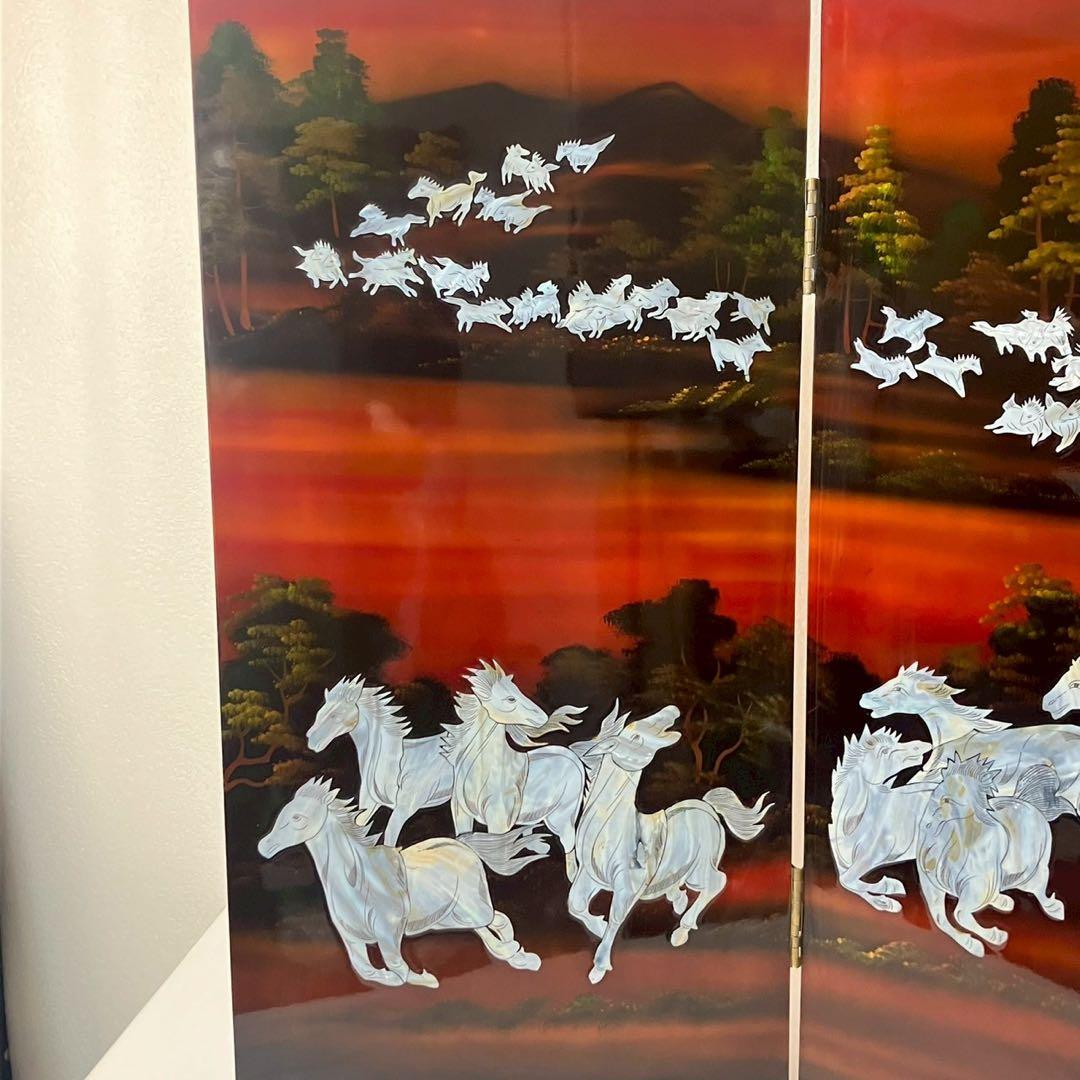 螺鈿細工 パテーション 衝立 「馬倒成功」 4連衝立 漆塗り 百頭馬柄 枕屏風