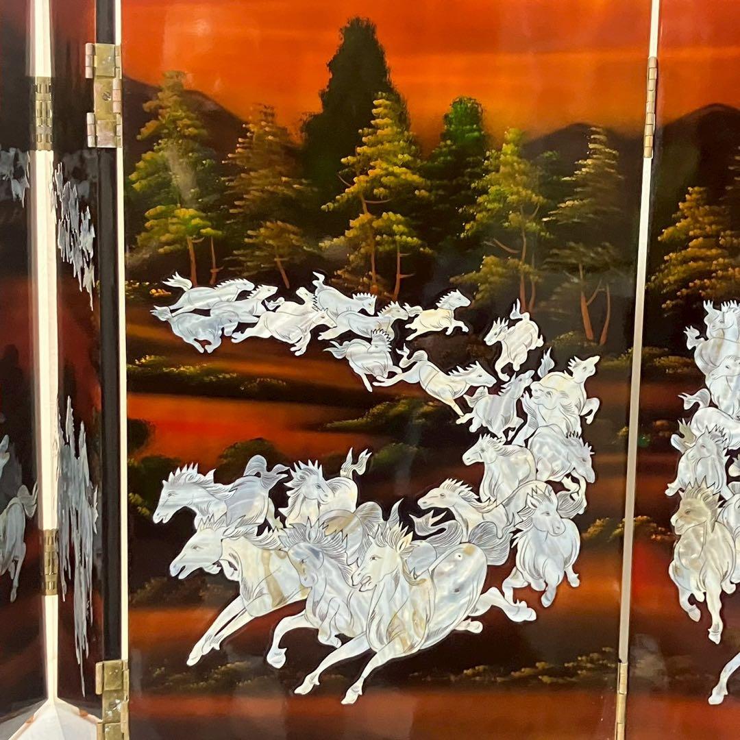 螺鈿細工 パテーション 衝立 「馬倒成功」 4連衝立 漆塗り 百頭馬柄 枕屏風