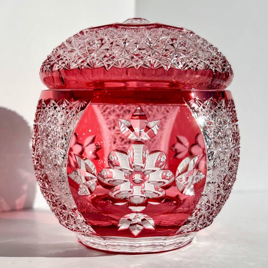 KAGAMI CRYSTAL 伝統工芸士 篠崎清一 江戸切子 【金赤被切子蓋物】