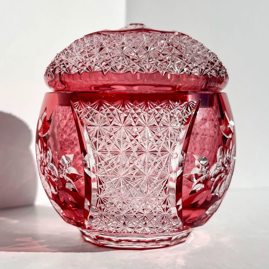 KAGAMI CRYSTAL 伝統工芸士 篠崎清一 江戸切子 【金赤被切子蓋物】