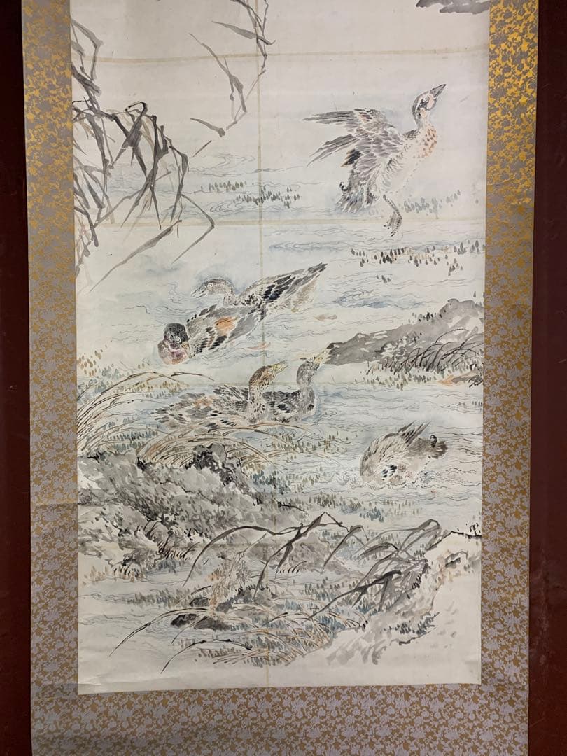 『9087』大幅 群水鳥図 無落款 掛軸