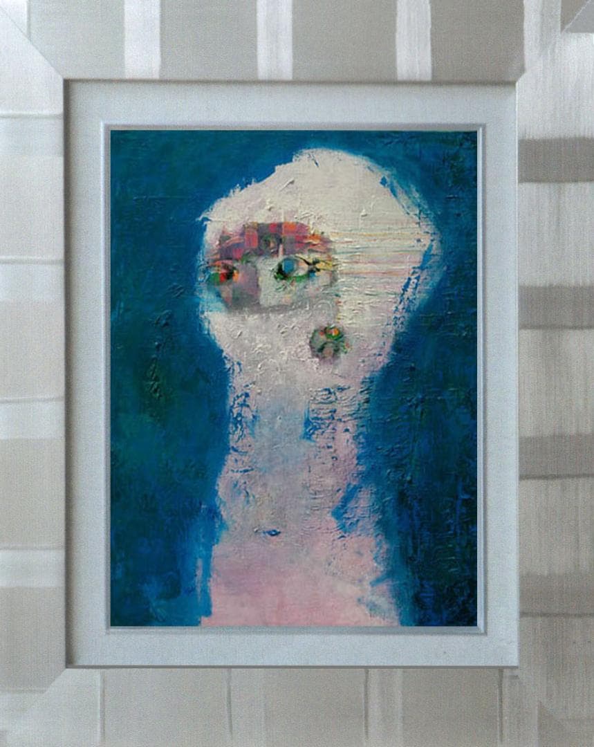 油絵 菅家令子絵 絵画インテリア額付(青緑＋金色の枠)uF6-080215 女性