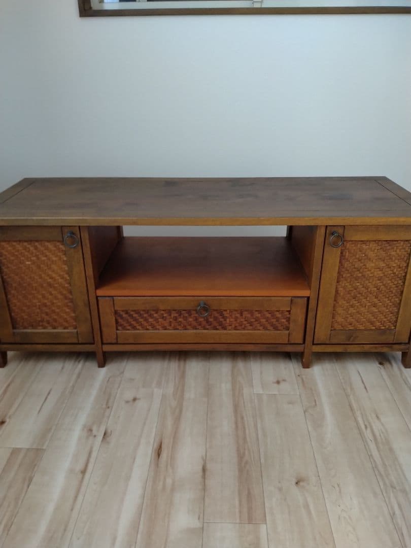 木製テレビ台 ラタン編み扉 引き出し付き