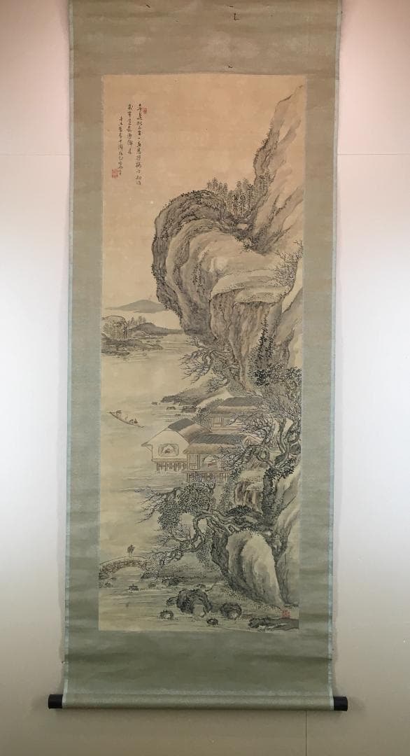 大迫力！[帆足杏雨・尺八絹本・山水図・元箱(箱書あり)]／豊後南画