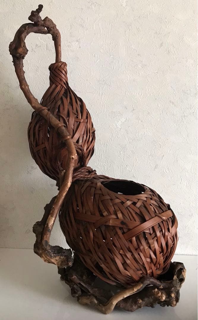 骨董品　竹製天然木　二重構造花入れ　オブジェ　華道