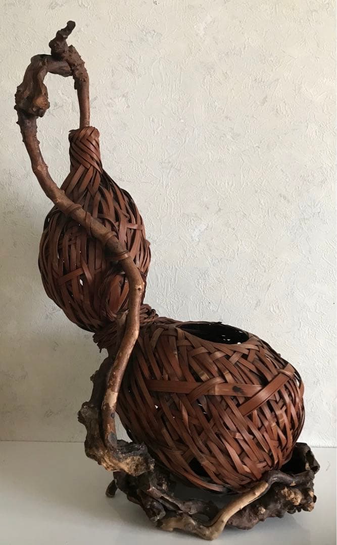 骨董品　竹製天然木　二重構造花入れ　オブジェ　華道