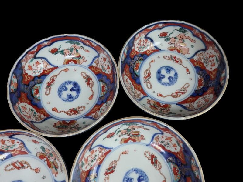 古伊万里　色絵　獅子に波千鳥の図　膾皿　春寒鉢　４客　 CZd