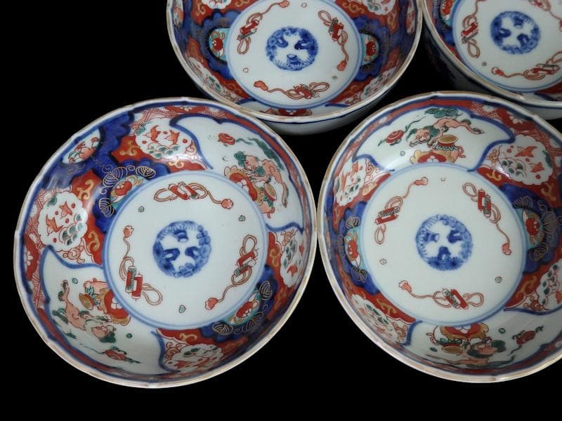 古伊万里　色絵　獅子に波千鳥の図　膾皿　春寒鉢　４客　 CZd