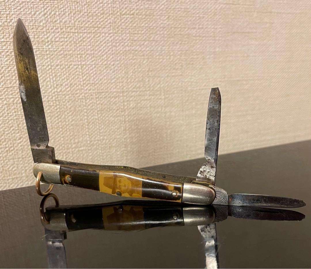 アンティークナイフ　カントンカトラリー社　3ブレイド　写真付きセルロイドハンドル