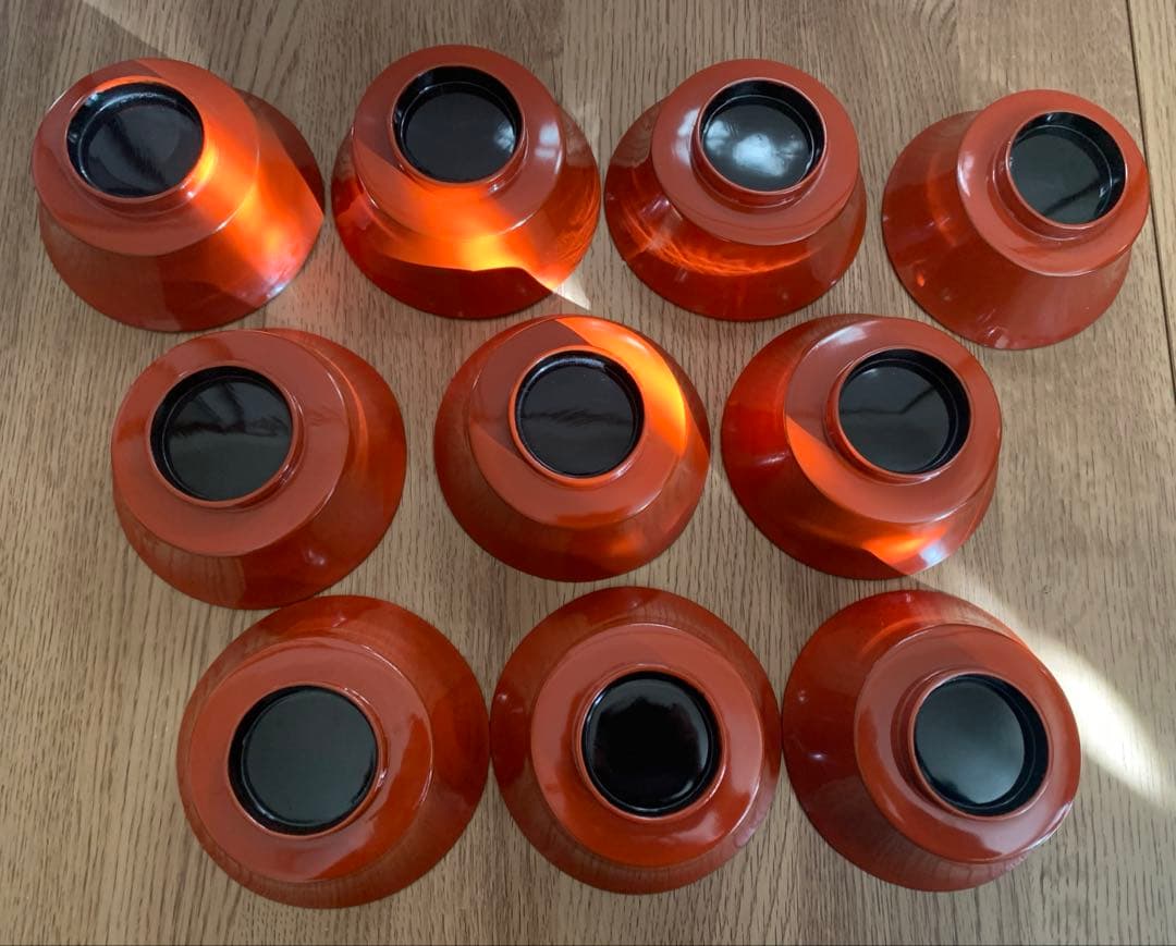 輪島塗　朱沈金蒔絵吸物椀10客　時代物　木製うるし塗　羽反　アンティーク