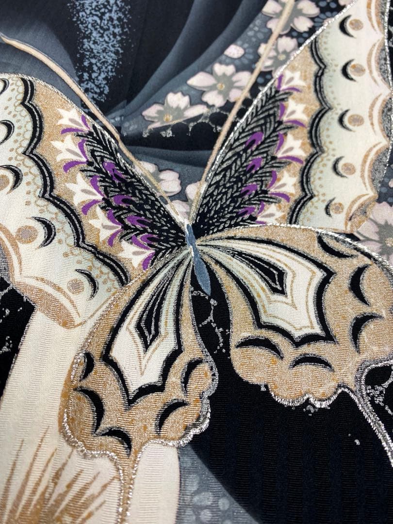振袖 豪華 銀彩 銀刺繍 蝶 桜 紋意匠 身丈167cm 撥水加工済