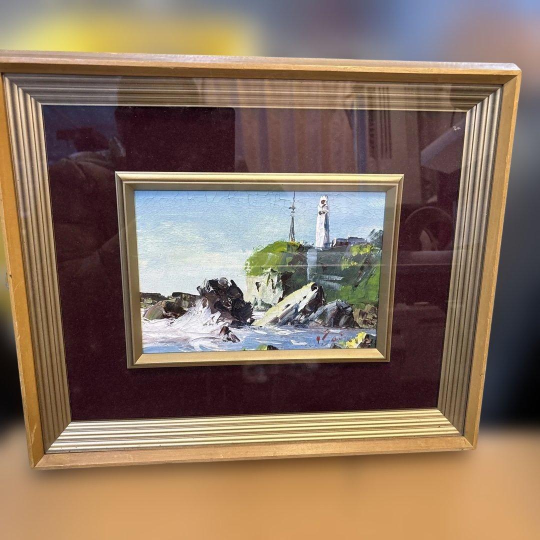 油彩画 灯台と海岸の風景 中サイズ　潮岬　西糸作　QW4652