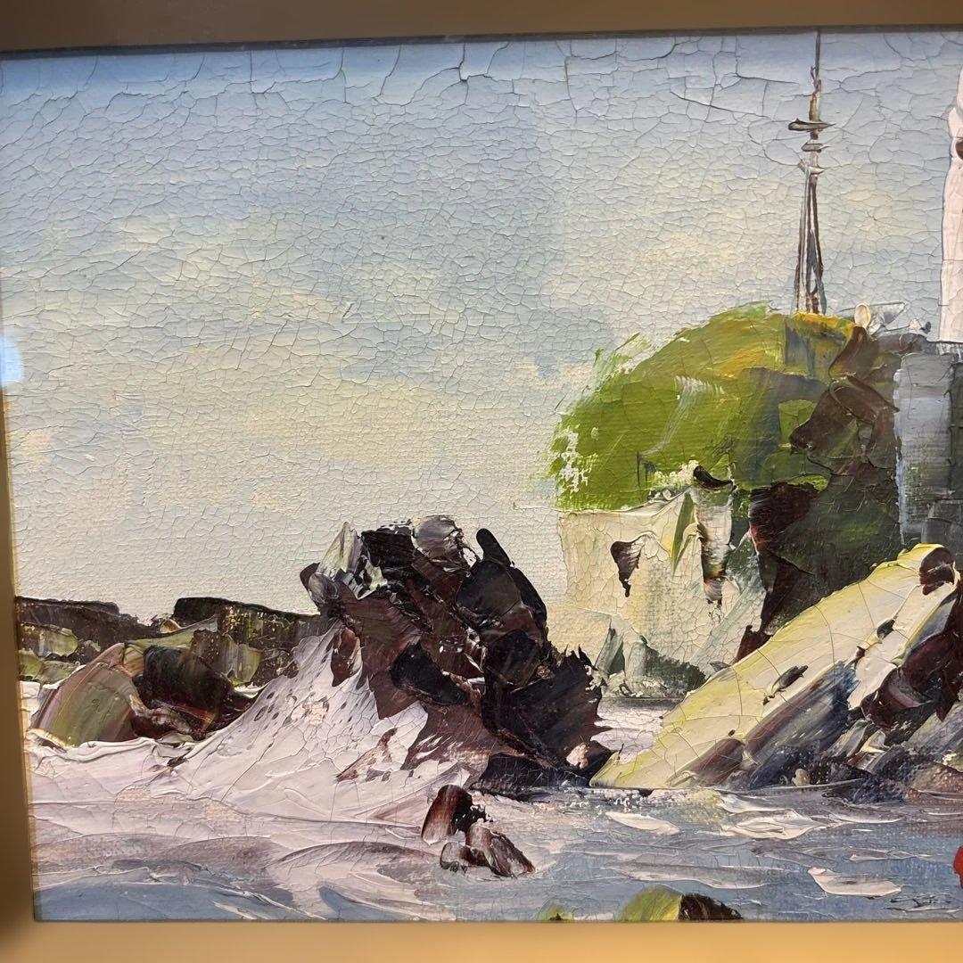 油彩画 灯台と海岸の風景 中サイズ　潮岬　西糸作　QW4652