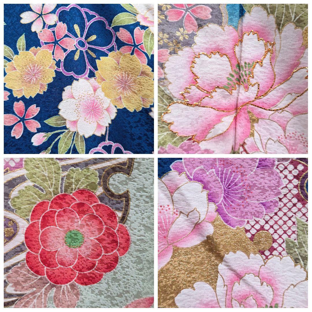 AI 美品 振袖フルセット 雪輪に桜 青 金駒刺繍 金彩 正絹 帯・襦袢・小物