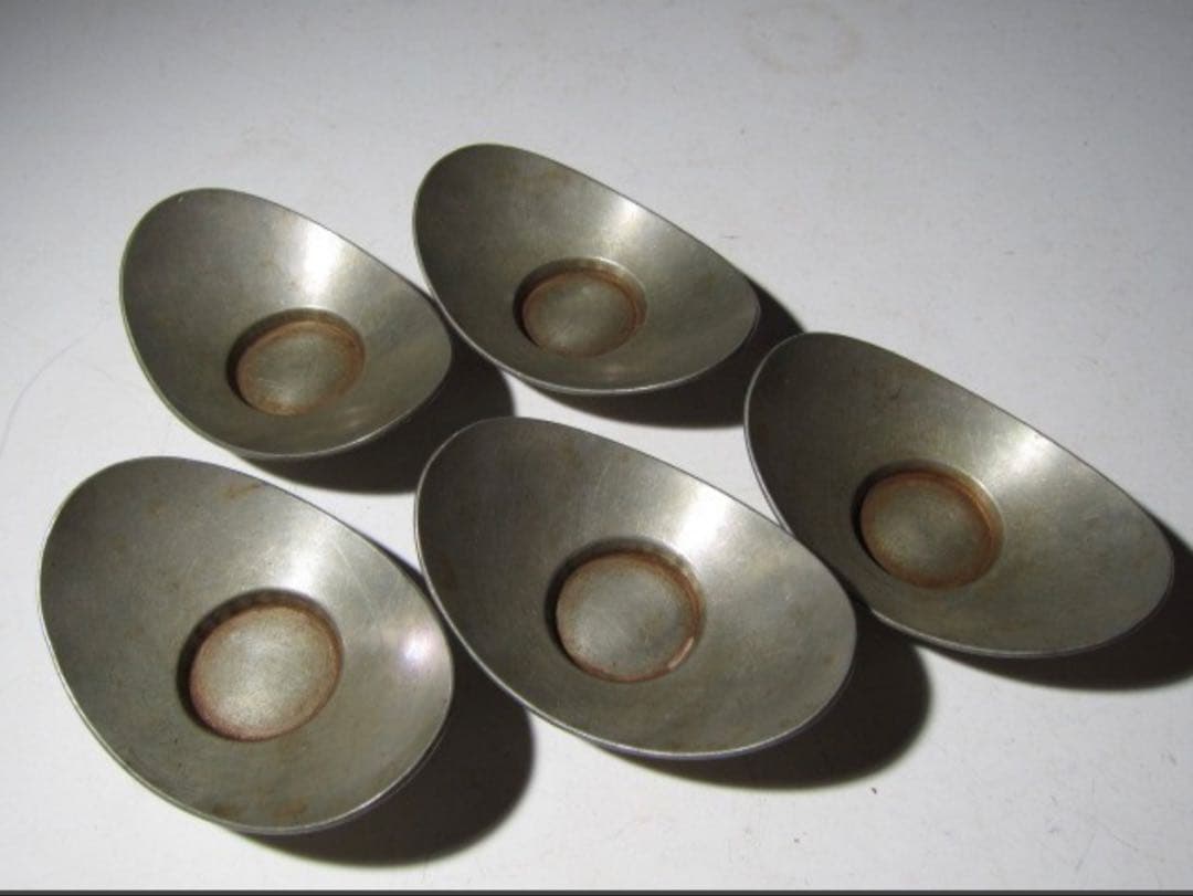 秦造六 純錫貨式茶托 五客 共箱 美しい造形の味わい深い逸品！7721