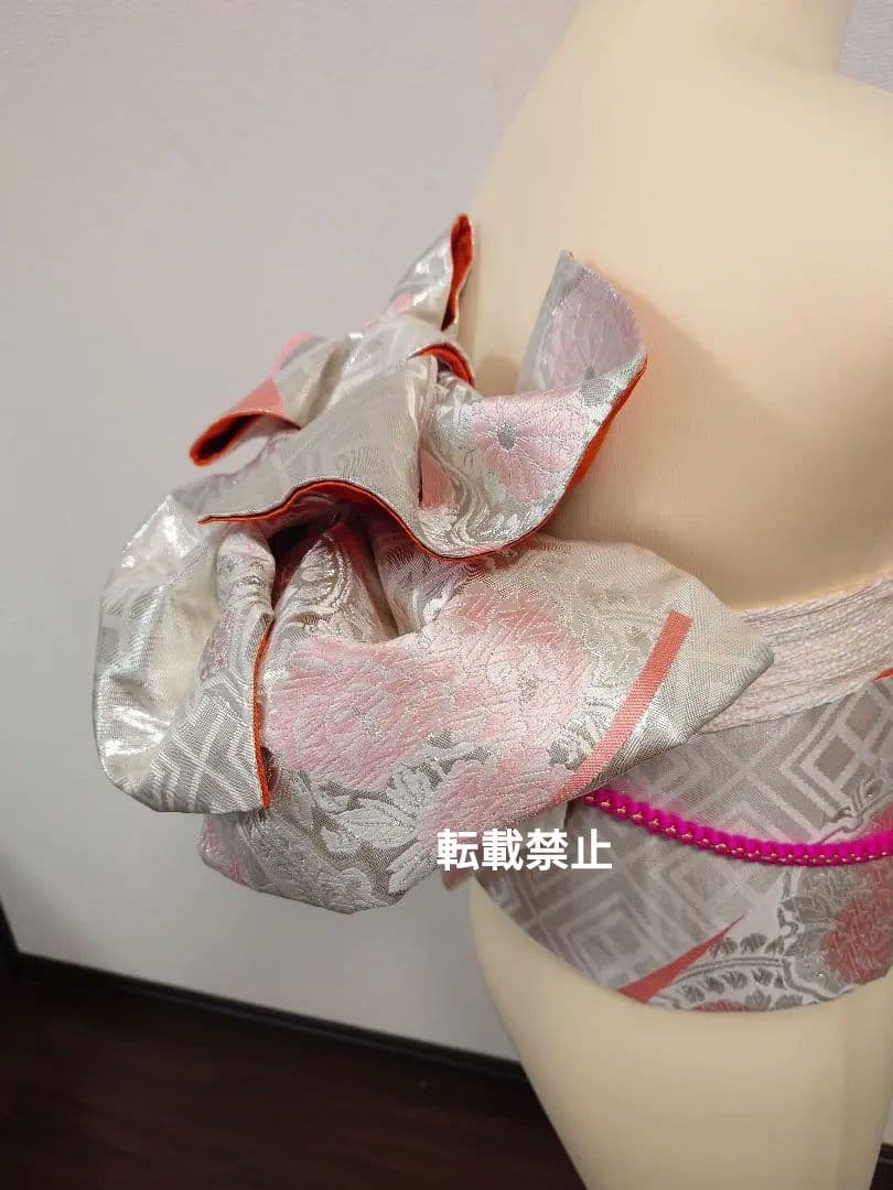 二部式　作り帯　振袖　成人式　正絹　袋帯　シルバー　ピンク