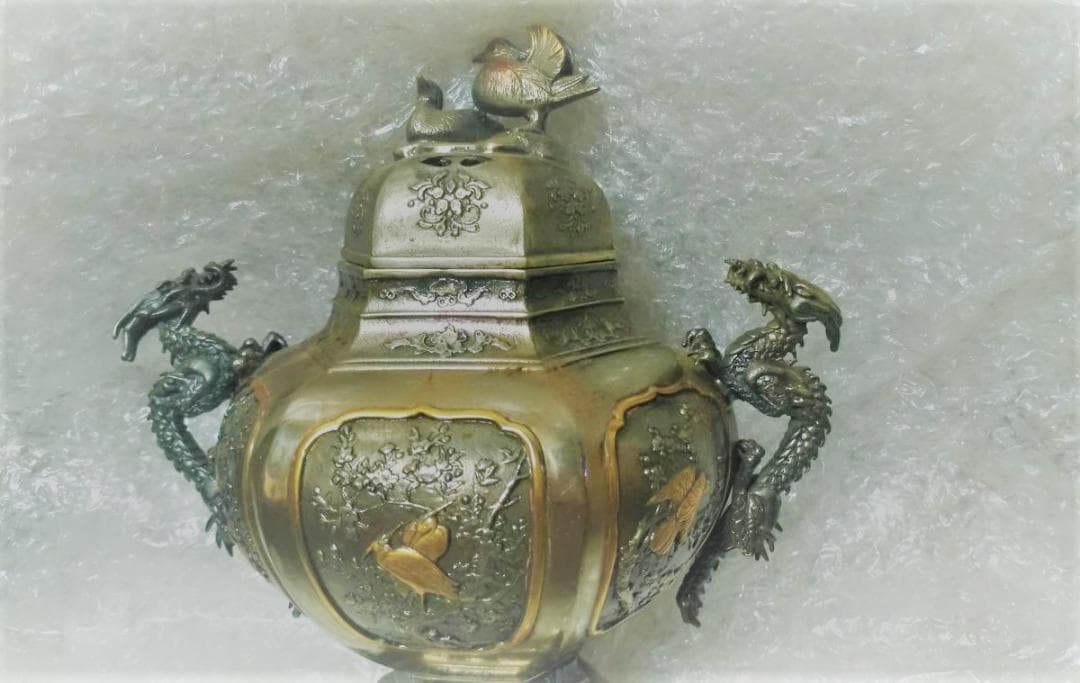 新品 香炉 一乗 銘 桐箱付き 銅錫製? 双竜 龍 伝統金属工芸品 風水 レア